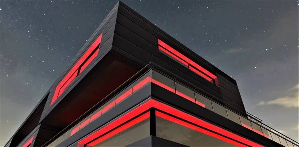 Bottom view of a corner of a futuristic house illuminated in scarlet against a starry sky. A good illustration for advertising banners about real estate. 3d rendering.