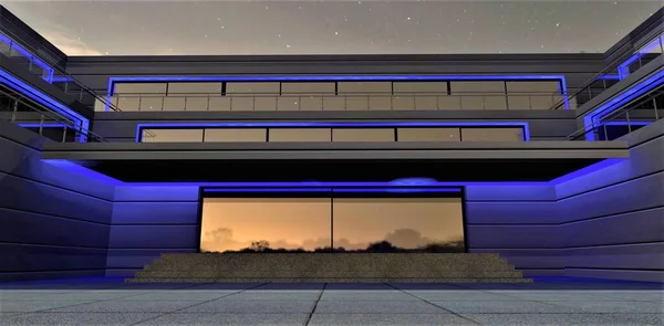 Futuristic lighting design in blue for a building built by humans on another planet. Starry sky from a different viewing angle. 3d rendering.