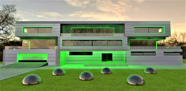 Private country house in 100 years. Green lighting repels dangerous insects. Facade made of heat-efficient polyurethane foam with a metal coating. 3d rendering.