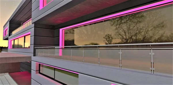 An option to illuminate the facade of an advanced futuristic building with a pink LED strip. Unique and individual appearance of the exterior. 3d rendering.