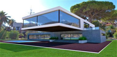 Luxurious modern country villa in a minimalist style with high-tech elements. Red brick paving around the pool. Console second floor. 3d rendering. clipart