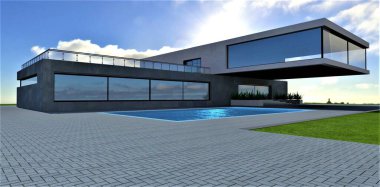 Minimalist mimarinin şaheser tasarımı. Karmaşık teknolojik ve tasarım çözümleri. Uzun ve zarif bir konsol. 3d oluşturma.