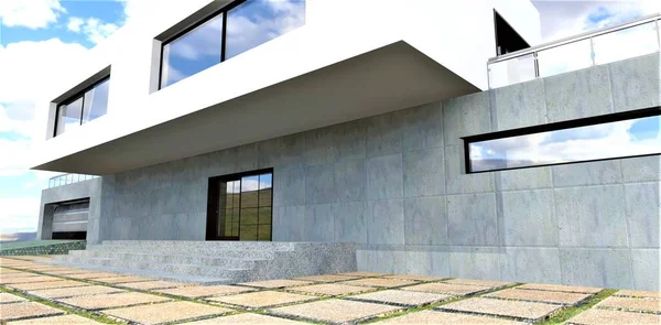 Fachada Concreto Degraus Uma Habitação Moderna Suburbana Console Segundo Andar — Fotografia de Stock