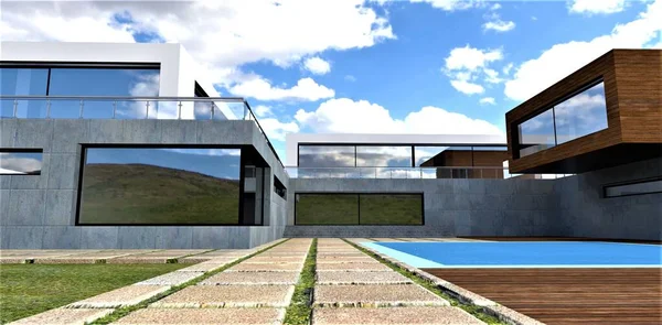 Neu Gebautes Landhaus Die Kombination Aus Beton Und Holz Schwimmbad — Stockfoto