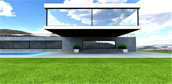 The console floor is like a canopy over the porch of a stylish modern high-tech home. A wide green meadow and paving stone parquet. 3d rendering.