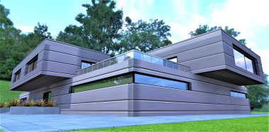 Fütürist ev projesi. Ekolojik olarak temiz yeşil bölge. Metal kaplamalı poliüretan köpüğe dayalı bileşik bir maddeyle ön cepheyi tamamlamak. 3d oluşturma.