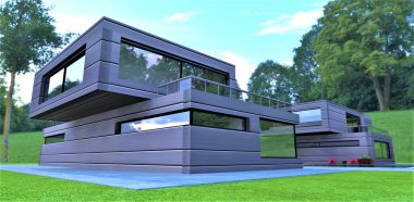Ekolojik olarak temiz bir park alanında lüks konutlar. Kaplamalı yalıtıma dayalı yenilikçi malzemelerle kaplanmış ön cephe. 3d oluşturma.