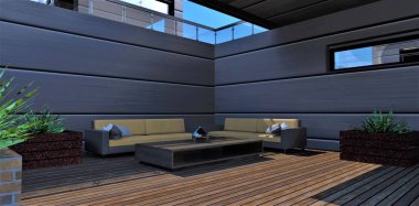 Teras tahtasındaki dinlenme alanındaki huzurlu atmosfer. Rahat koltuklar. Tasarımcı ahşap masa. Bilinmeyen içeriği olan metal bir kap. 3d oluşturma.