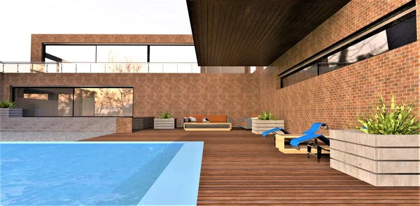 Acogedor Patio Una Casa Campo Con Piscina Decoración Pared Ladrillos — Foto de Stock