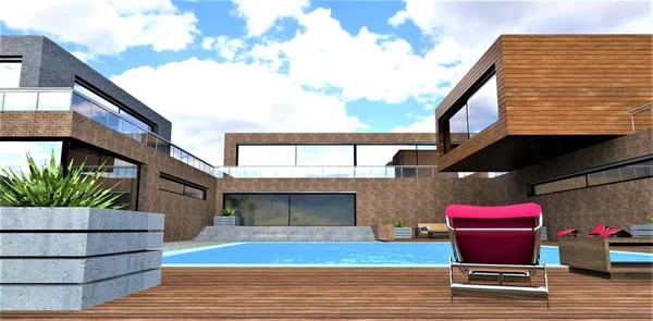 Terrace board with red sun loungers and concrete flower pots in front of a swimming pool in the backyard of an eco-friendly dwelling made from old natural bricks. 3d rendering.