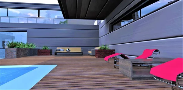 プールの近くの木製デッキにある快適なシーティングエリアは 未来的なスタイルのプライベートヨーロッパの住宅の中庭にあります 3Dレンダリング — ストック写真