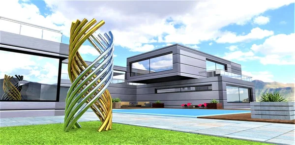 A metal installation made of gold and chrome on the lawn in the territory of a wonderful suburban home of the future. 3d rendering.