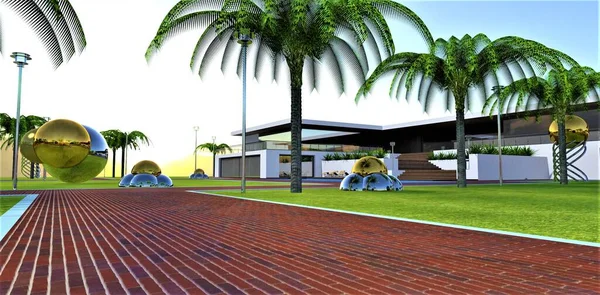 Amazing sunset in mountains near contemporary ecological comfortable estate. Red brick walkway with curb. Palms and strange steel installations on the lawn. 3d rendering.