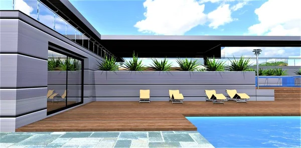 Terrace board naer the pool with bage loungers. Glass entry door. Gray stone pavement. 3d rendering.