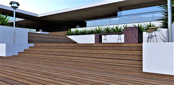 Escalones Madera Terraza Varios Niveles Una Lujosa Finca Futurista Barra — Foto de Stock