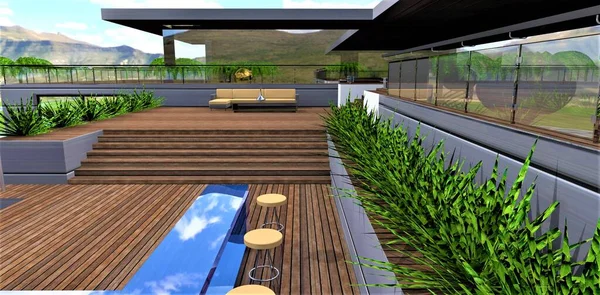 Wooden terrace with wide comfortable steps. Bar made of blue glass. Aluminium facade. Plenty of plants. 3d rendering.