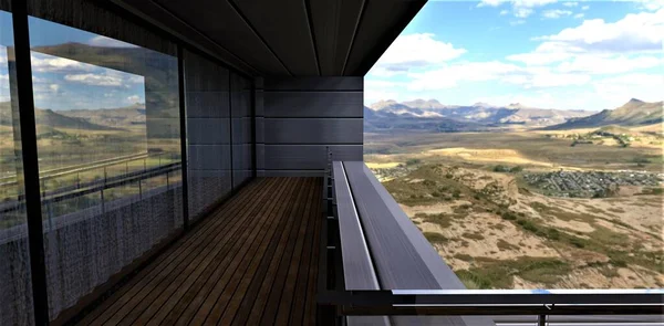 Mars landscape. Balcony of the futuristic house finished with innovative material based on graphen coated with special alloy. 3d rendering.