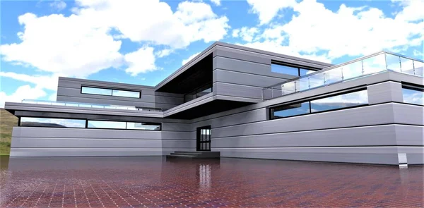 Pavement made of new red brick. Design of contemporary suburban house finished with energy efficent ecological steel coated material. 3d rendering.