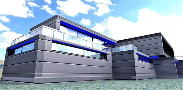 Stylish futuristic home. Hermetically sealed durable durable aesthetic finishing wall material. Blue daylight also performs the function of disinfection. 3d rendering.