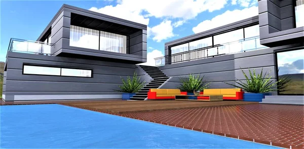 A bright seating area on a wooden deck with comfortable furniture in front of the pool in the courtyard of a stylish dwelling, finished with an innovative material based on polyurethane foam coated with iron. 3d rendering