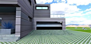 Evin yaklaşan sakinlerine tepki veren otomatik metal kapıları olan şık bir garaj. Akıllı evler hakkında bir yayın için uygun bir illüstrasyon. 3d oluşturma.
