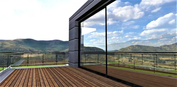 An advanced project of a stylish balcony with sliding mirror automatic panoramic doors. Glass panel fence with metal frame. Terrace board flooring. Magnificent mountain landscape. 3d rendering.