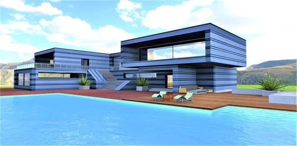 Luxe Villa Met Zwembad Ongewoon Materiaal Voor Het Afwerken Van — Stockfoto