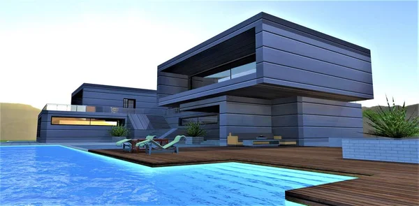 Luxe Futuristisch Resort Verlichting Van Trappen Van Het Zwembad Zichtbaar — Stockfoto