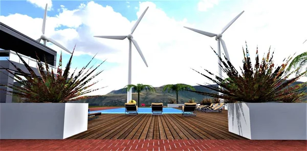 Stylish outdoor seating area in the near future. Ecologically clean mountain area. Elements of renewable energy in the form of silent wind turbines. Sun loungers for guests in front of the pool. 3d rendering.