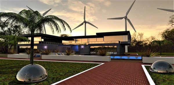 The wind turbines are reflected in a metal sphere buried in the lawn near the footpath made of old bricks. Gorgeous evening in a futuristic country estate. 3d rendering.