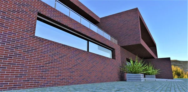 A long narrow window with a four-chamber double-glazed window on the wall of an elite country house, lined with red-blue glossy brick. 3d rendering.