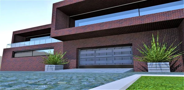 Design Garagem Uma Casa Privada Elite Forrado Com Tijolos Vermelhos — Fotografia de Stock