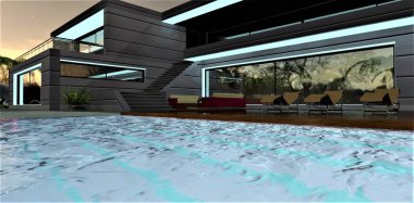 Suyun yüzeyindeki dalgalar parlak bir havuzda harika bir kır evinin önünde fütüristik bir tarzda. Geceleri harika bir yıldız. 3d oluşturma.