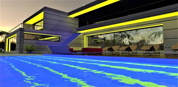 Amazing night lighting project for the exterior of a stylish private residence with a yellow LED strip pool. It looks aesthetically pleasing and consumes a small amount of electricity. 3d rendering.