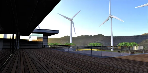 Environmentally friendly wooden flooring as a decoration of the terrace of a fashionable suburban estate overlooking a wind farm. Heat -saving panoramic windows and glass fencing. 3D rendering.