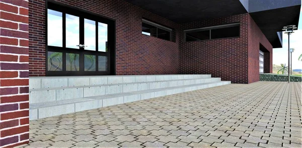 乡村精英住宅优雅的门廊 用钢筋混凝土制成的宽台阶 用红蓝的砖做了一个立面 用石头铺成的石头 3D渲染 — 图库照片
