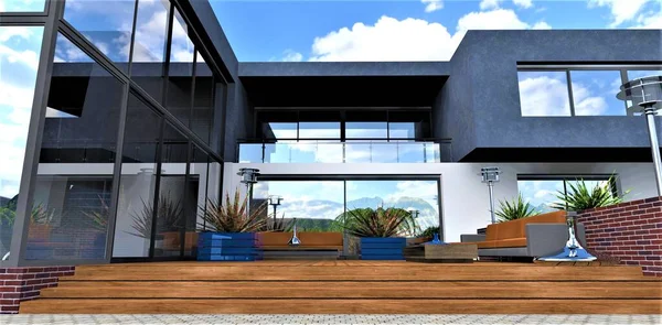 Magnifique Design Patio Près Maison Fini Avec Verre Ainsi Que — Photo