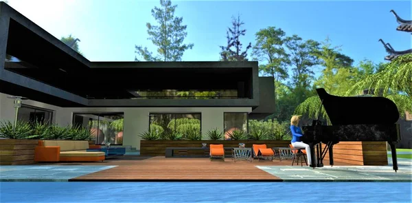 A blonde woman in a blue blouse plays the black piano on the amazing patio near the pool in the courtyard of a fashionable country house built in a shady park. 3d rendering.