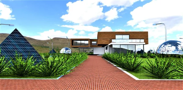 Red Brick Footpath White Border Green Bushes Housing Fully Autonomous — Stock Photo, Image