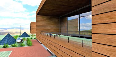 Fütürist bir balkon için harika bir proje. Ön pano ön cepheyi bitiriyor. Aşağıdaki fotovoltaik piramitler, mülke elektrik sağlamak için güneş enerjisi santrali görevi görüyor. 3d oluşturma.