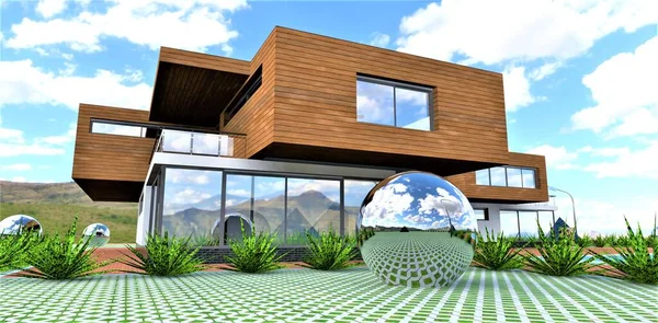 Landhaus Der Zukunft Mit Umweltfreundlicher Holzfassade Metallinstallationen Und Büsche Auf — Stockfoto