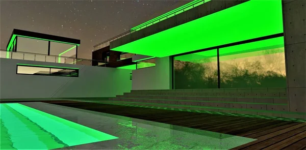 Ярко Зеленая Люминесцентная Краска Ночное Освещение Фасадных Поверхностей Современного Загородного — стоковое фото