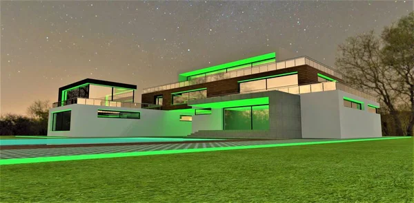 Покращення Вигляду Фасаду Вночі Допомогою Зеленої Світлодіодної Смуги Будь Яка — стокове фото