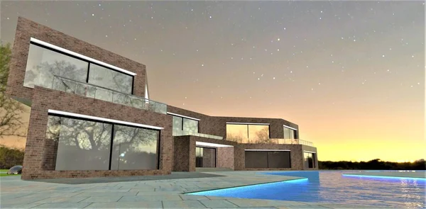 Nachtverlichting Van Gevel Het Zwembad Van Een Geavanceerde Futuristische Huis — Stockfoto