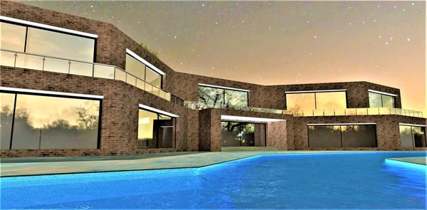 Swimming pool like a glowing blue river under a starry sky in the backyard of a luxurious club hotel built according to a modern project using environmentally friendly technologies. 3d rendering.