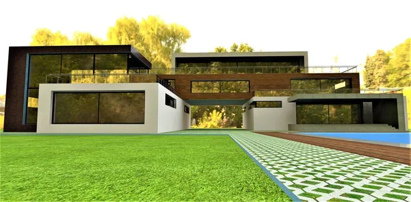 Стильная Усадьба Бассейном Большой Зеленью Осенью Необычная Архитектурная Форма Дом — стоковое фото