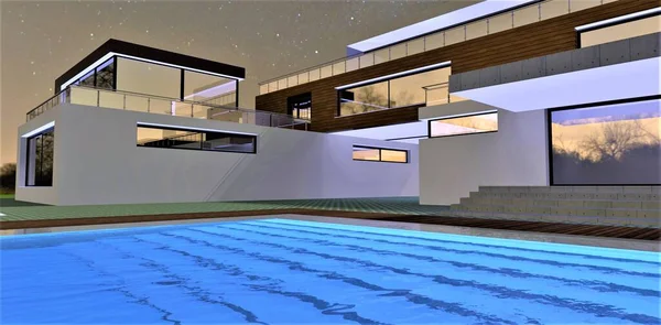 Translucent steps in the pool in front of the porch of luxury housing. Fresh air, space and environmental friendliness. Excellent architectural solution. 3d rendering.