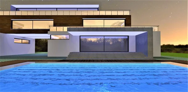 Waves on the surface of the water in the night pool in front of the entrance to an elite stylish cottage under the starry sky in an ecological area. 3d rendering.