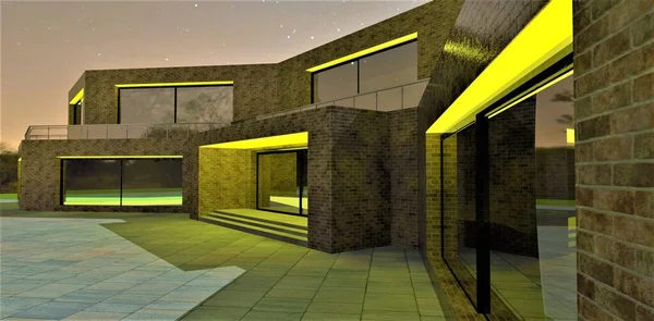 Yellow evening illumination of the facade of a private office building made of old brown bricks against the background of a starry sky. Paving stones made of gray square concrete slabs. 3d rendering.
