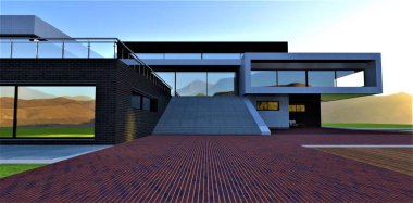 Ekolojik açıdan temiz bir dağlık bölgede bireysel bir projeye göre minimalist tarzda inşa edilmiş seçkin bir ülke malikanesinin önündeki kırmızı tuğlalı platform. 3d oluşturma.